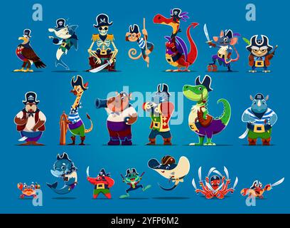 Cartoni animati simpatici personaggi dei pirati animali, capitano e skipper corsaro, marinai vettoriali caraibici. Animali pirati, filibustieri, squali con granchi o stelle marine e ippopotami con il teschio di Jolly roger Illustrazione Vettoriale