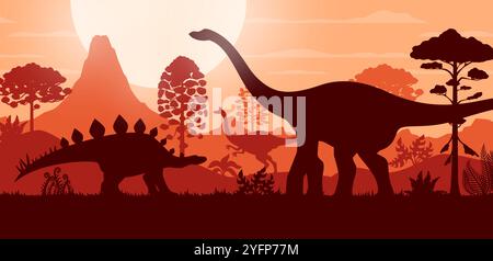 I dinosauri preistorici si modellano sullo sfondo vettoriale del paesaggio naturale giurassico. Il quaesitosaurus gigante, il pelecanimimus e i dinosauri lexovisaurus si stagliano nella foresta della giungla con alberi antichi e sole Illustrazione Vettoriale