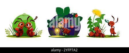 Personaggi di insetti cartoni animati. Simpatici insetti di personaggi vettoriali di colonie di anguille che mangiano frutta, svegliano le formiche dormienti con il corno e camminano con la lanterna di notte. Personaggi buffi, felici e sorridenti degli insetti Illustrazione Vettoriale