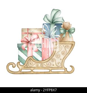 Slitta di legno natalizia con scatole regalo verdi, blu, rosse e beige legate con archi colorati. Illustrazione isolata ad acquerello disegnata a mano per biglietti d'auguri di buon anno, confezioni e design per le feste. Foto Stock
