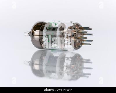 Vista ravvicinata dal lato dei contatti del tubo del vuoto a 7 pin isolati su sfondo bianco con riflesso. Foto Stock