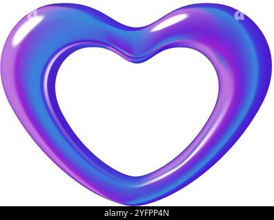 Elemento di design olografico y2k iridescente vettoriale viola con cuore cromato a forma 3d. Illustrazione Vettoriale