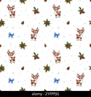 Motivo ad acquerello natalizio. Motivo natalizio senza cuciture con un bel prato, foglie agrillate e pinecone e fiocco blu natalizio. Foto Stock