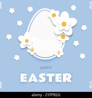 Modello di biglietto di auguri di buona Pasqua con uovo bianco tagliato in carta e fiori su sfondo blu Illustrazione Vettoriale