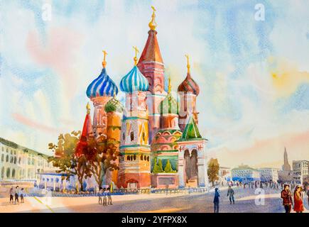 Cremlino e Cattedrale di San Basilio nella Piazza Rossa Russia. La principale attrazione turistica di Mosca. Pittura paesaggio acquerello illustrazione, beaut Foto Stock