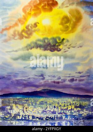 Acquerello che dipinge il paesaggio originale colorato della città dall'alto al mattino con montagne blu e natura stagione invernale, sole, cielo, sfondo. Foto Stock