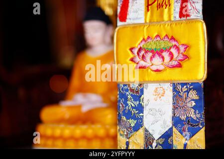 Pagoda Cau Dung. Shakyamuni Buddha nella posa della meditazione. Fiore di loto. Una provincia di Giang. Mekong Delta, Vietnam. Foto Stock