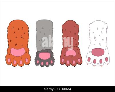 Collezione di zampe di gatto pellicce morbide gatti pinky pad pelliccia colorata animali di diversa razza animali animali da mammifero felino icone set Illustrazione Vettoriale