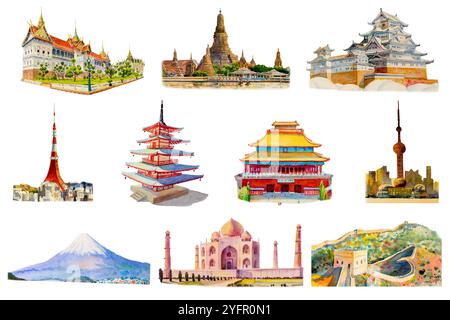 Viaggia per il mondo e le attrazioni turistiche. Famosi monumenti del mondo raggruppati insieme. Acquerello dipinto a mano illustrazione, punto di riferimento dell'Asia in Foto Stock