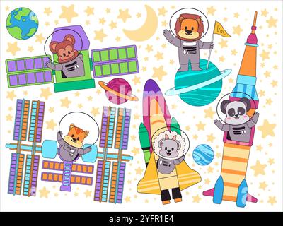 Personaggi degli animali astronauti cosmonauti cielo astronauta spaziale pianeti satelliti stelle luna astronomia cosmica navicella spaziale stazione razzo cartoon colorato Illustrazione Vettoriale