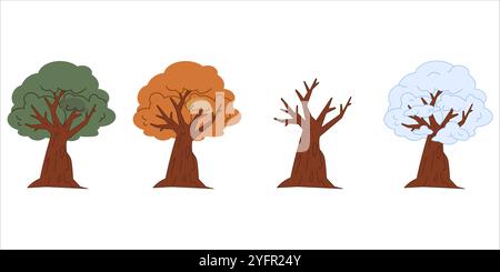 Albero fase stagionale stagione tempi di crescita ciclo natura estate autunno inverno primavera legno colorato icona design set collezione Illustrazione Vettoriale