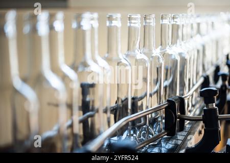 Linea di bottiglie di vetro vuote su un nastro trasportatore, presso una fabbrica di imbottigliamento di bevande. Foto Stock