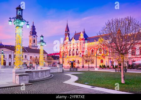 Oradea, Romania. Mercatino di Natale in Union Square, luci scintillanti e decorazioni natalizie, atmosfera accogliente durante la stagione invernale. Foto Stock