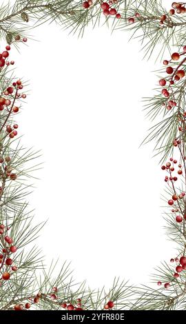 Bacche rosse e rami di pino verde per un biglietto d'auguri. Rami di bacche rosse invernali, aghi di pino e coni festivi isolati sullo sfondo. Foto Stock