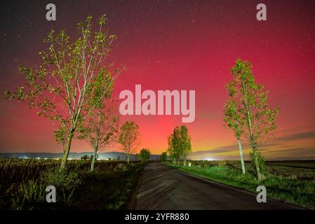 Aurora boreale o aurora boreale nel cielo notturno sopra la Romania durante una tempesta geomagnetica solare Foto Stock