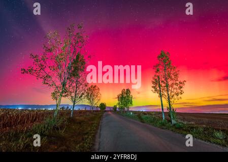 Aurora boreale o aurora boreale nel cielo notturno sopra la Romania durante una tempesta geomagnetica solare Foto Stock