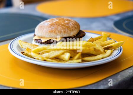 hamburger al formaggio e patatine fritte Foto Stock