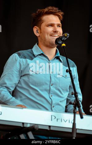 Roy Stride - Scouting for Girls, V2013, Hylands Park, Chelmsford, Essex, Regno Unito - 18 agosto 2013 Foto Stock