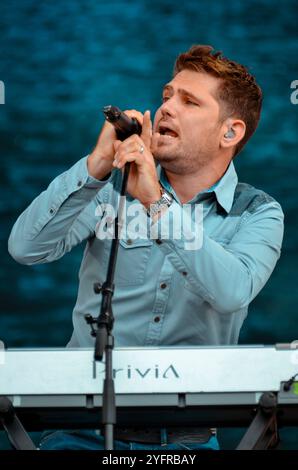 Roy Stride - Scouting for Girls, V2013, Hylands Park, Chelmsford, Essex, Regno Unito - 18 agosto 2013 Foto Stock