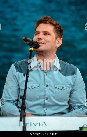 Roy Stride - Scouting for Girls, V2013, Hylands Park, Chelmsford, Essex, Regno Unito - 18 agosto 2013 Foto Stock