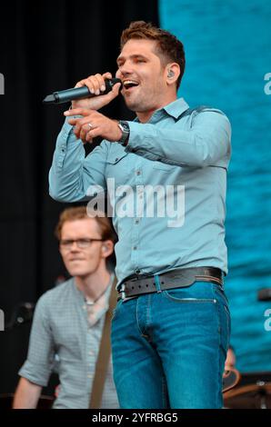 Roy Stride - Scouting for Girls, V2013, Hylands Park, Chelmsford, Essex, Regno Unito - 18 agosto 2013 Foto Stock