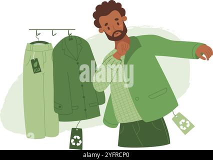 Shopping ecologico. Uomo etnico nero che prova la giacca fatta di materiale riciclato. Acquisto di vestiti ecologici. Appendiabiti. Concetto di sostenibilità Illustrazione Vettoriale