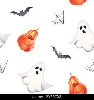 Halloween senza cuciture con fantasmi, zucche e pipistrelli. Stampa senza cuciture con disegno a mano in acquerello Foto Stock