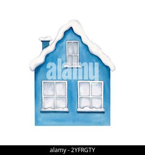 Accogliente casa d'inverno con una coperta di neve. Illustrazione ad acquerello disegnata a mano isolata su sfondo bianco. Cottage invernale. Foto Stock