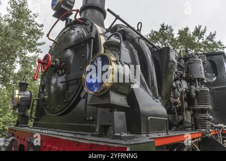 Locomotiva a vapore della ferrovia turistica del Reno in primavera. Volgelsheim, Alsazia, Francia, Europa Foto Stock