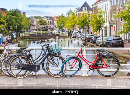 Biciclette parcheggiate sul ponte sul canale Nieuwe Mare a Leida, Paesi Bassi Foto Stock