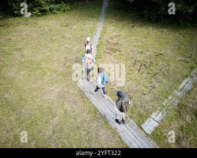 Vista dall'alto del gruppo di persone che camminano lungo il sentiero in legno mentre camminano nella riserva naturale, spazio per fotocopie Foto Stock