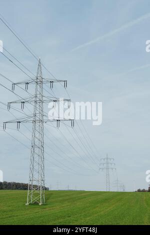 Linee di alimentazione ad alta tensione che attraversano un campo verde. Trasmissione di energia elettrica mediante aiuti attraverso superfici agricole Foto Stock