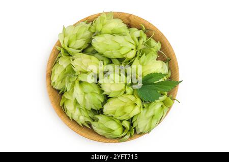 Sali i coni in una ciotola di legno isolata su sfondo bianco. Ingredienti per la preparazione della birra. Vista dall'alto. Posizione piatta. Foto Stock