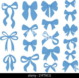 Graziosa collezione di fiocco blu dal design accattivante. Illustrazione vettoriale. Accessori per acconciature ragazza alla moda. Elemento elastico isolato su bac bianco Illustrazione Vettoriale