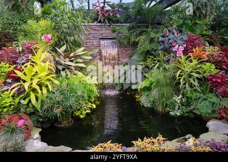 Nello Show Greenhouse le piante colorate circondano un laghetto e una cascata ai Butchart Gardens. Foto Stock