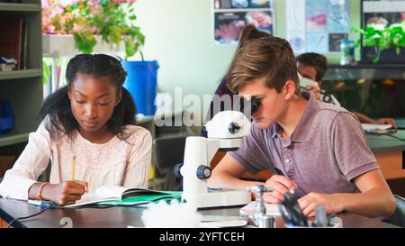 Studenti delle scuole superiori che esaminano il microscopio e scrivono note nella classe di biologia Foto Stock