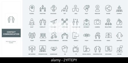 Gestione dei conflitti e dialogo tra i team, condivisione e scambio di idee, bolle vocali e messaggi di chat sottili simboli di contorno neri illustrazione vettoriale. Set di icone della linea di comunicazione aziendale. Illustrazione Vettoriale