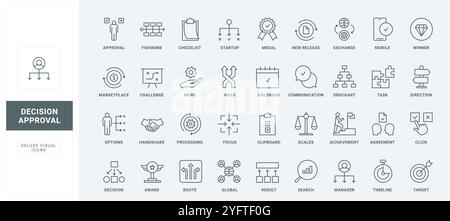 Lente d'ingrandimento ricerca di soluzioni e opzioni, concentrazione su risultati e timeline, avvio di simboli di contorno neri sottili illustrazione vettoriale. Set di icone delle linee di approvazione delle decisioni lavorative. Illustrazione Vettoriale