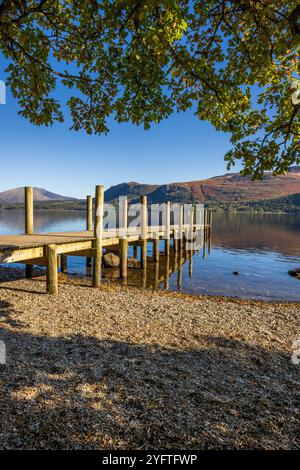 Molo di High Brandelhow sulle rive di Derwent Water, Lake District, Cumbria, Inghilterra Foto Stock