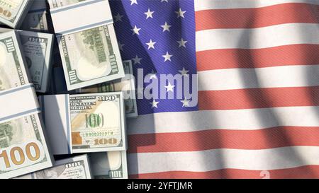 Pacchetti di dollari americani giacciono sulla bandiera degli Stati Uniti Foto Stock