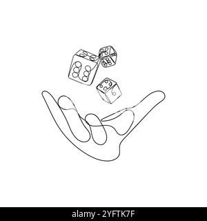Mano che lancia i dadi. Correte un rischio, mano fortunata. Gioco d'azzardo, concetto di rischio aziendale in uno stile di disegno grafico. Illustrazione vettoriale disegnata a mano. Illustrazione Vettoriale