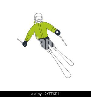 Sciatore, sci. Una linea continua art. Discesa dalla montagna. Sport invernali e turismo. Illustrazione vettoriale disegnata a mano. Illustrazione Vettoriale