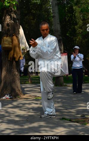 Decine di residenti di Pechino che praticano Tai chi nel grande parco di Pechino che circonda il Tempio del Paradiso. Foto Stock