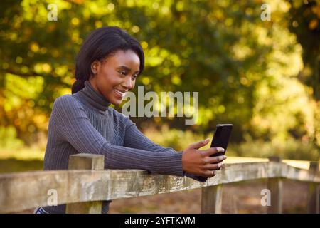 Vista del profilo di una giovane donna a piedi nella campagna autunnale appoggiata sul recinto guardando il telefono cellulare Foto Stock