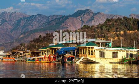 Bella casa galleggiante. Le case galleggianti del Kashmir, i palazzi galleggianti sul tranquillo lago dal, offrono una miscela unica di lusso e tradizione. Foto Stock