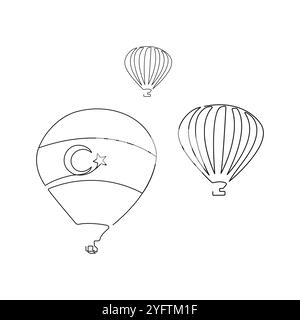 Voli in mongolfiera in Cappadocia, Turchia. Arte su una linea. Illustrazione vettoriale disegnata a mano. Illustrazione Vettoriale