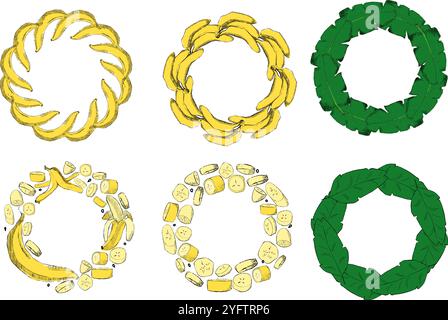Set cornice bordo frutta banana. Illustrazione acquerello isolata su sfondo trasparente. Immagini di banane per etichette, stampe, striscioni, wedd tropicale Illustrazione Vettoriale