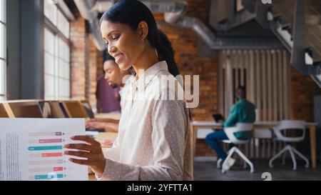 Donna d'affari con notebook che lavora in un moderno ufficio multiculturale aperto che guarda un documento Foto Stock