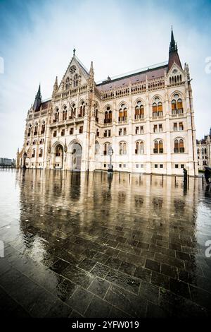 Hungarian Parliament building with reflection in Budapest, Hungary Foto Stock