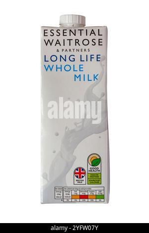 Cartone di Waitrose Essential latte intero di lunga durata isolato su sfondo bianco Foto Stock